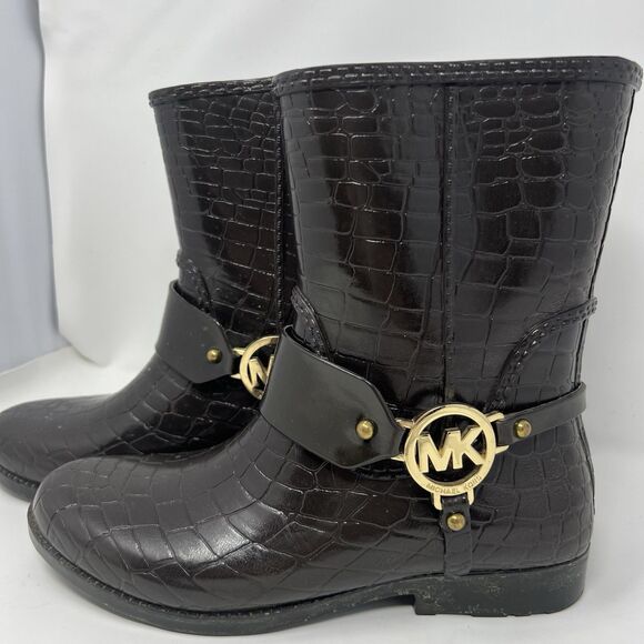 Michael Kors Rain Booties Dark Brown Croc Embossed Equestrian Rubber Rainboot S7 - Picture 1 of 14